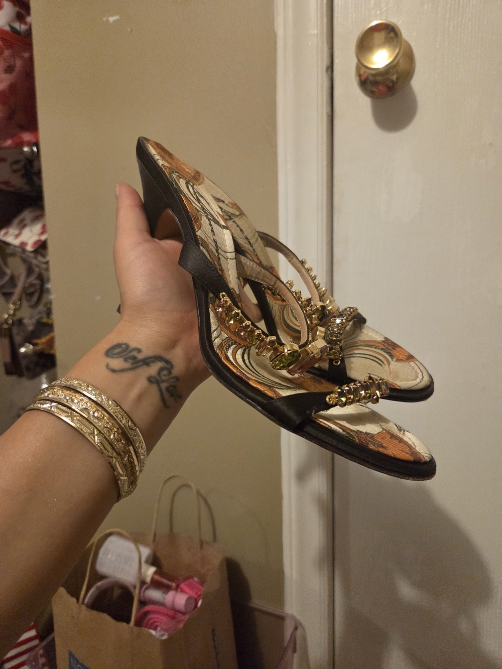 Giuseppe Zanotti Black and Gold Crystal-Embellished Heeled Sandals - Picture 6 of 8